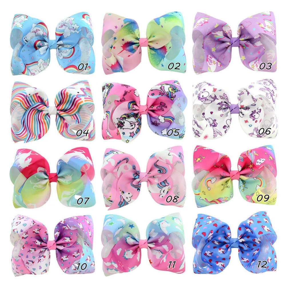 

8" JoJo Siwa Bows Hair Clip Large Rainbow Unicorn Jojo Bow-knot Print Grosgrain Ribbon Hai Clip Kids Handmade Hair Accessories