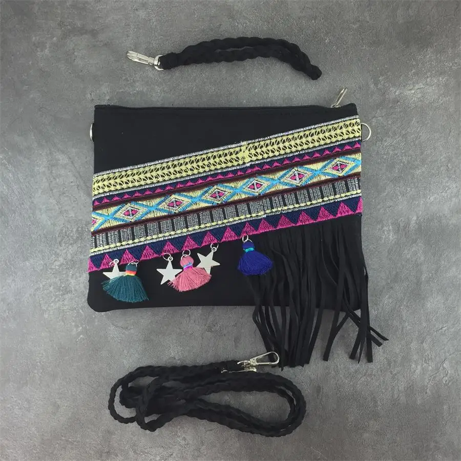 Bolso de hombro étnico Vintage bohemio único, bolso de mensajero de mano con borla Hippie negro, nuevo