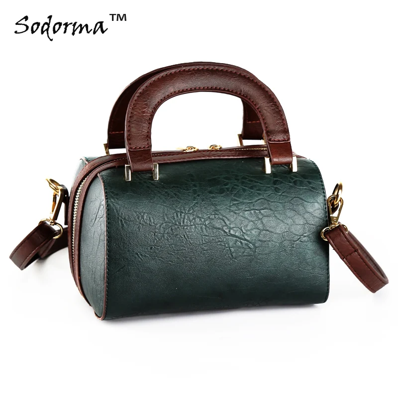 

2017 Spring Fashion vintage style PU leather women handbag drum-shaped bucket bag daily clutch lady's tote zipper closure