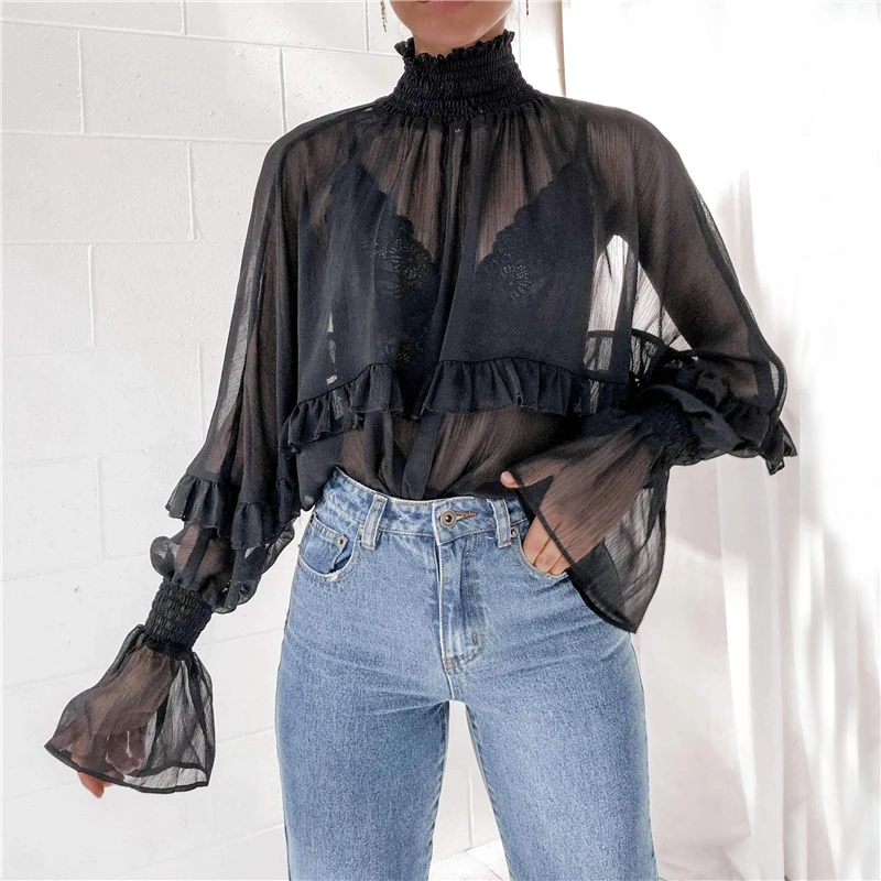 

New Arrival 2019 Blouse Women Sexy Solid Long Sleeve Party Shirt Stand Collar Plus Size Fashion Ladies Tops Chemisier Femme S-XL