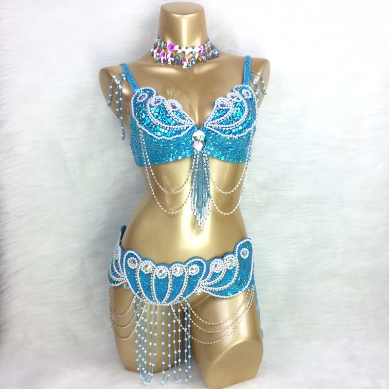 New Belly Dance Costume Set BRA+belt+NECKLACE 3piece/set Any Size 34-42 B/C/D/DD