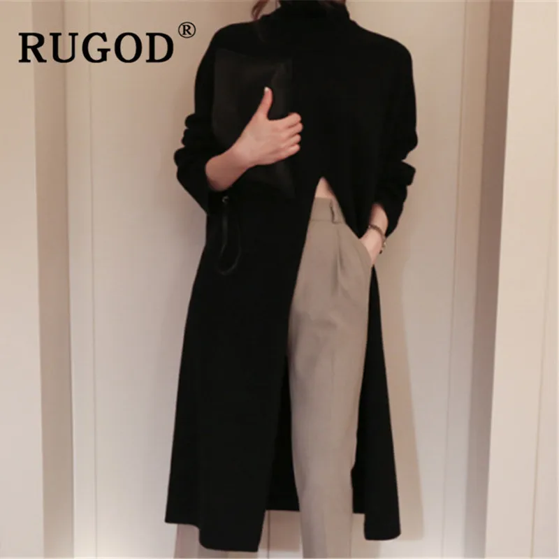 RUGOD Ins, новинка, Модный женский свитер с высоким разрезом, водолазка, длинный рукав, Теплый Зимний пуловер, женский корейский длинный стиль, уличная одежда