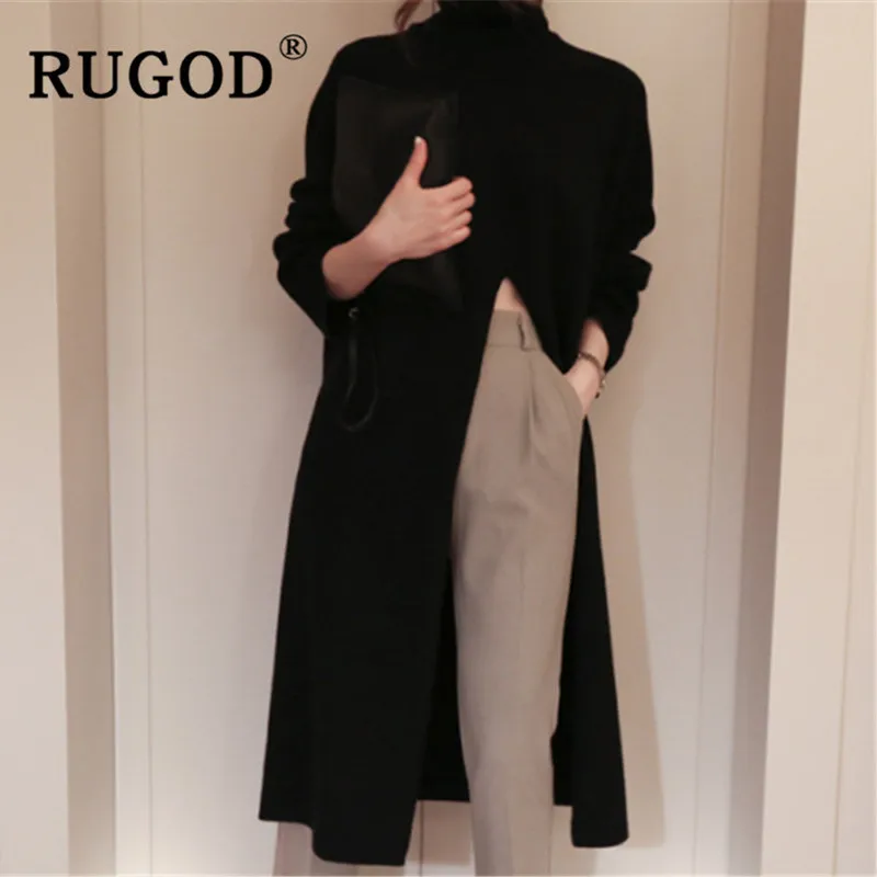 

RUGOD Ins new fashion high split women sweater turtleneck Long sleeve warm wintere pullovers female Korean long style streetwear