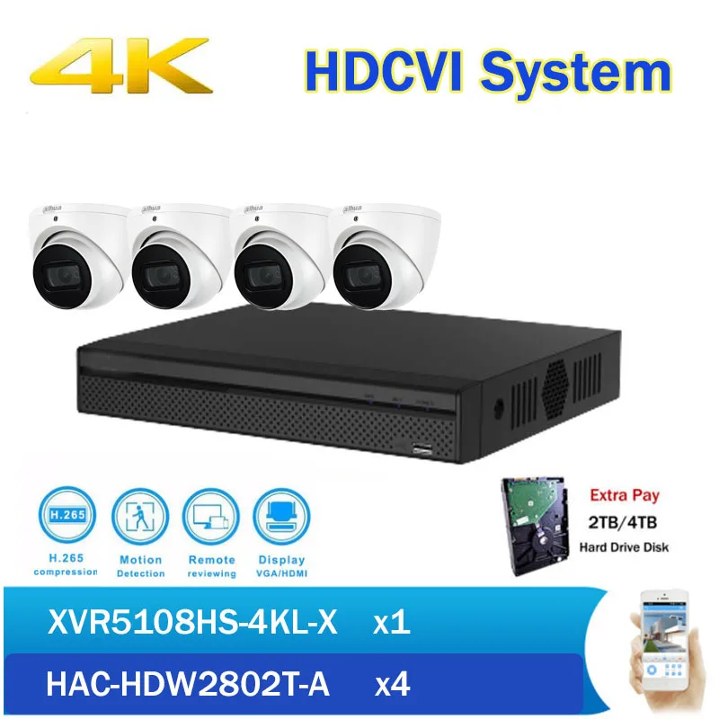 DH 4K XVR наборы 8CH XVR5108HS 4KL X HDCVI DVR с 4 HAC HDW2802T A Starlight IR Dome CVI камера для безопасности CCTV