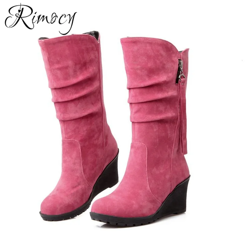 

Rimocy long boots women flock round toe med calf botines mujer wedge shoes woman high heels botte femme 2018 solid color boty