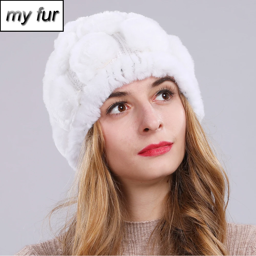 Женская уличная шапка из натурального меха кролика теплая ручной работы рекс |