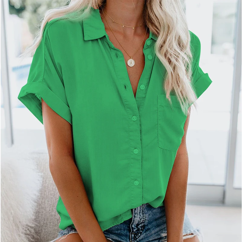 

Casual Women Shirts Summer Top Plus Size Turndown Short Sleeve Blouse Ladies Office Shirt Female Cardigan Solid Pullover Tee Top