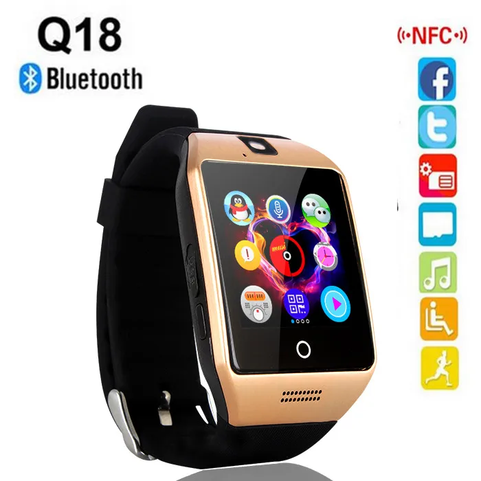 NFC Bluetooth Смарт часы Q18 с камерой facebook Синхронизация SMS MP3 Smartwatch поддержка Sim TF для IOS Android телефон pk gt08 dz09 - Цвет: gold black