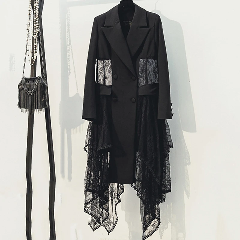 

Women Black Medium Long Blazers Long Sleeve Sexy Lace Mesh Spliced Blazer Jacket Spring Korea Slim Clothes Fashion Streetwwear