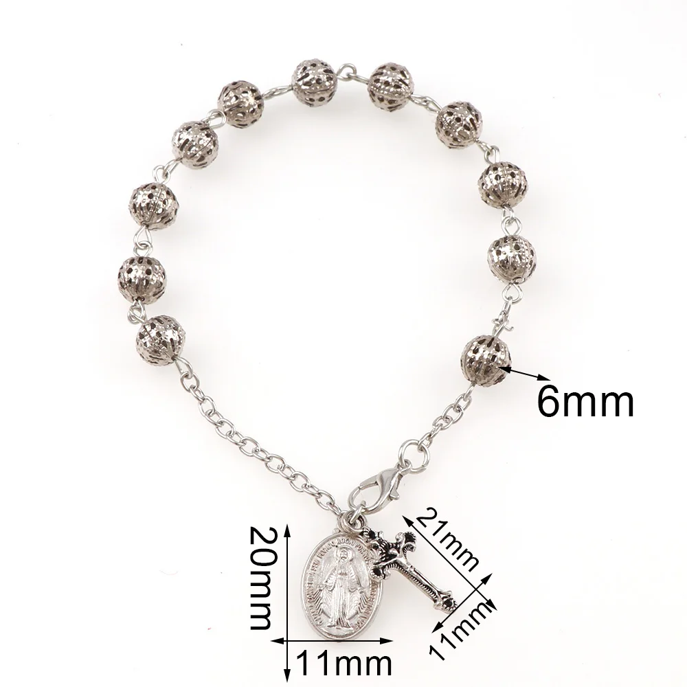 Bracelet Jewelry 6mm Holle Rozenkrans Catholic Religious Rosary Jesus Charm Hollow Bead Rose Bracelet Cross