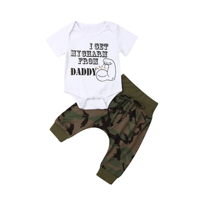

Fashion Baby Boy Outfits Kids Baby Boys Clothes Sets Short Sleeve Letter Romper Camouflage Long Pants Summer Newborn 2Pcs 0-3Y