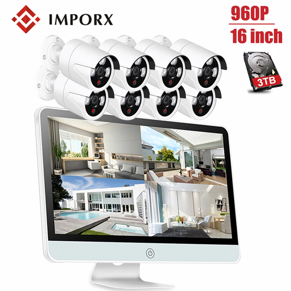 

IMPORX 8PCS 960P HD Wireless Security Cameras for Home H.265 8CH NVR CCTV Camera Security System Kit With 16"LCD Display 2TB HDD