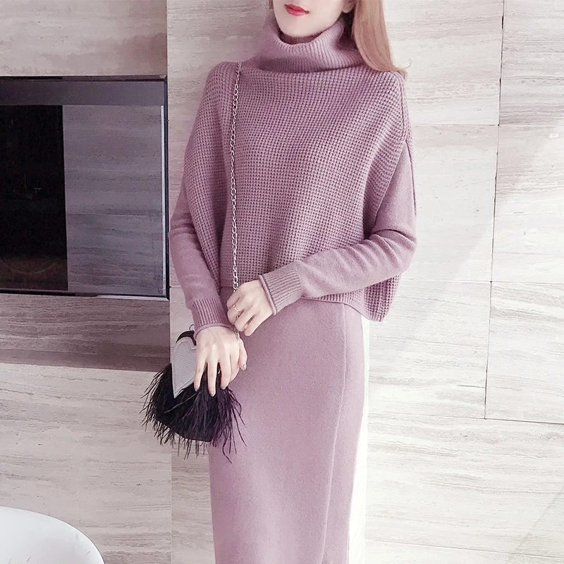 

2019 New Autumn Winter Fashion Women Bottoming Sweater Tops + A-Line Dress Knit 2 Piece Set Ladies Casual Vintage Knitted Suit