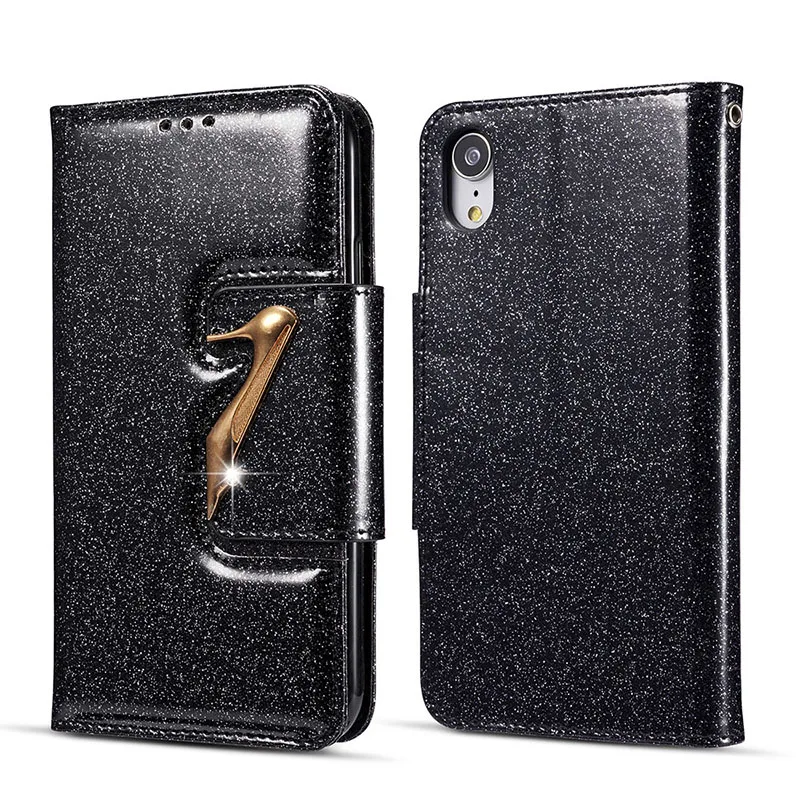 

Case For iPhone 7 8 Plus XS Max 3D High Heel Cover Glitter Flip Leather Wallet Phone Case For iPhone X XR 6 6s Plus Bling Conque