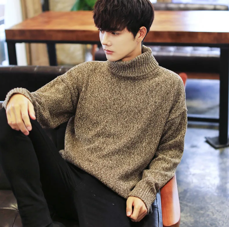 Полосатый Серый мужской свитер с высоким воротником, толстый Корейский свитер для мальчиков большого размера, 3xl, вязаный мужской пуловер с высоким воротником и длинными рукавами