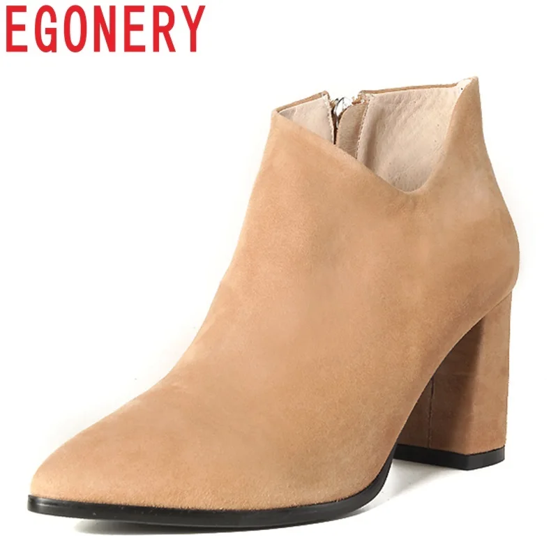 

EGONERY new popular high quality kid suede pointed toe zip super high square heel fashion winter warm work and safety booties