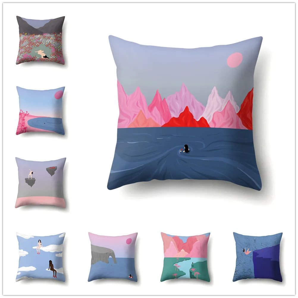 

Cartoon Scene Cushion Cover Creative Abstract Pattern Decorative Polyester Pillow Covers for Sofa Living Room Home Decor 45x45cm