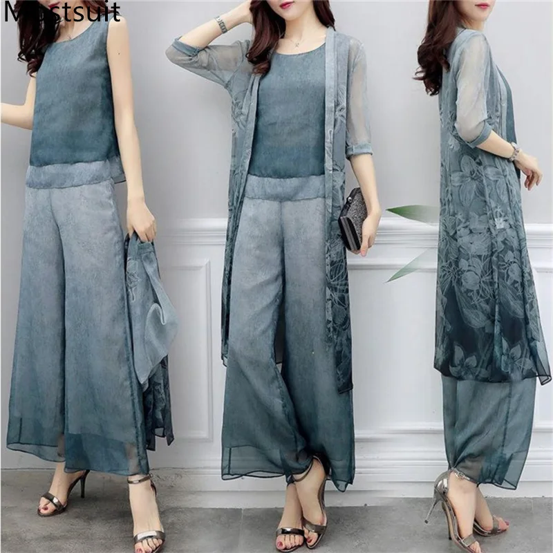 

2019 Summer Printed Chiffon 3 Piece Sets Women Plus Size Cardigan+vest+wide Leg Pants Suits Casual Elegant Korean Women's Sets