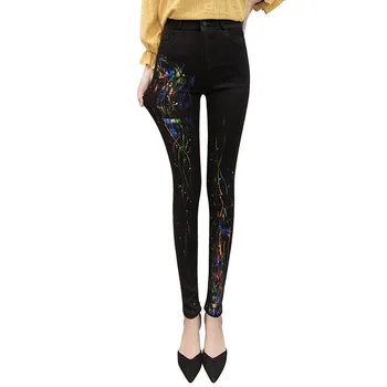 

Women Black Skinny Jeans High Waisted Stretchy Jeans Slim Femme Graffiti Push Up Jeans Tight Colored Denim Pencil Pants New