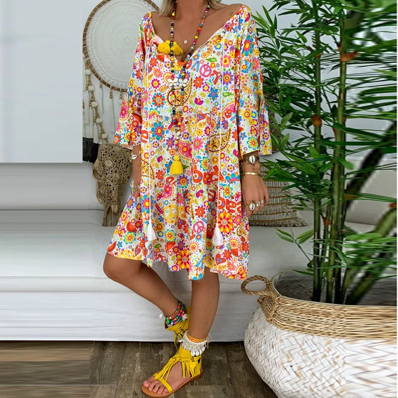 3-4-Sleeve-Loose-Dress-2019-Summer-Thin-Boho-Beach-Dresses-Women-Tunic-Casual-Tie-V