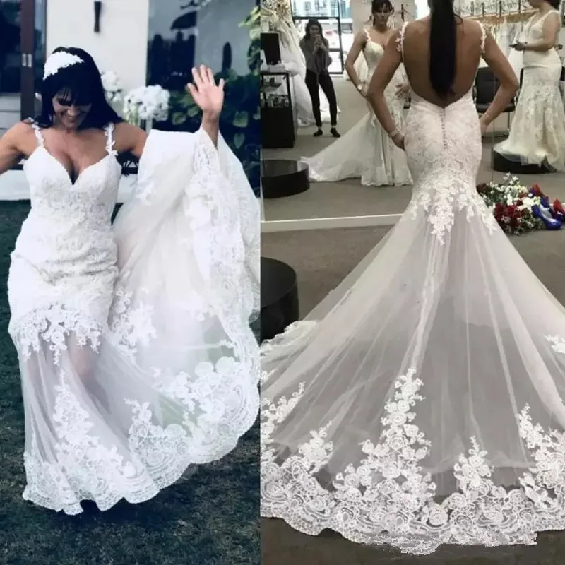 

Sexy Spaghetti Lace Mermaid Wedding Dresses Backless Floor Length tulle South African Wedding Bridal Gowns Custom Made 2020
