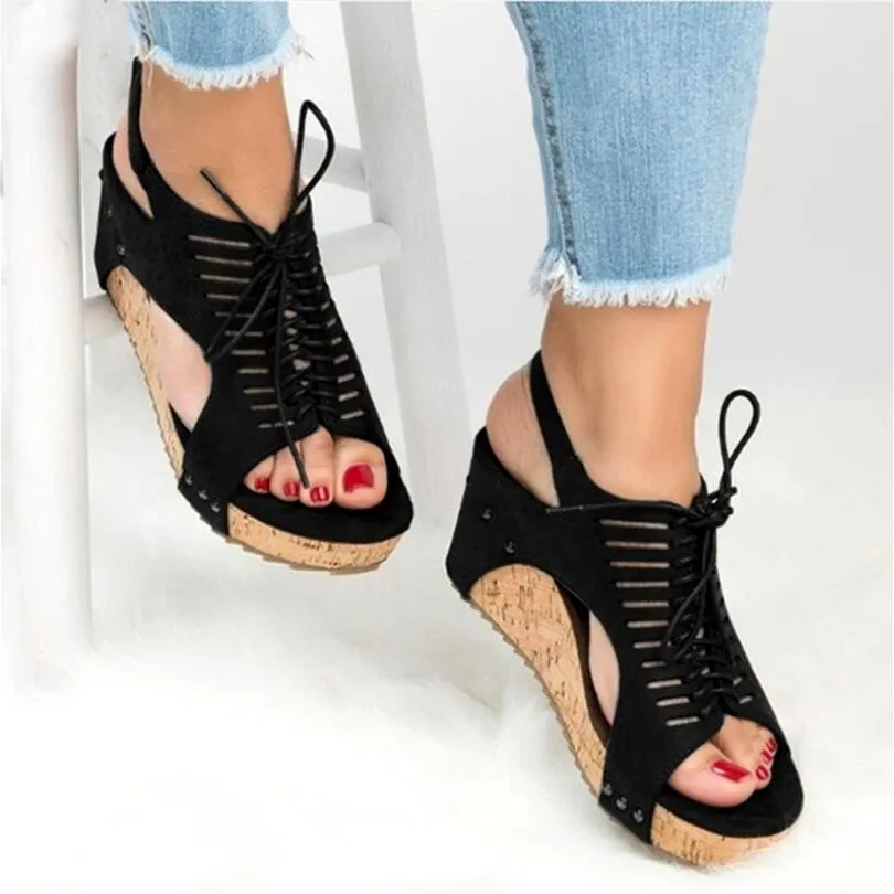 

EOEODOIT Summer Wedges Heel Sandals Casual Lace High Heel Height Increasing Plus Size 43 Women Platform Pumps Elevator Shoes
