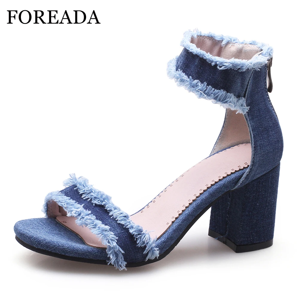 

FOREAD Summer Sandals Women Shoes Zipper Square High Heels Shoes Denim Open Toe Fashion Sandals 2019 Ladies Blue Large Size 43