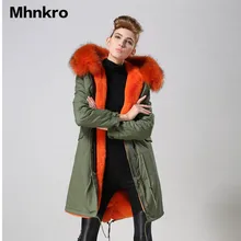 Красивая оранжевая модная дешевая Яркая оранжевая длинная стильная зимняя шуба из меха енота, Mr&, mrs длинная стильная Меховая куртка для оптовой продажи