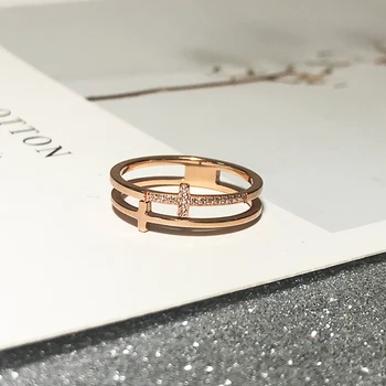

YUN RUO Simple & Chic Two Cross Zircon Ring Rose Gold Color Woman Gift Fashion Titanium Steel Jewelry Never Fade Drop Shipping