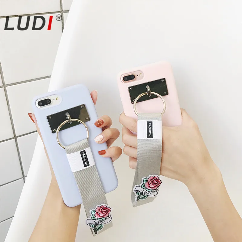 Чехол LUDI в Корейском стиле с вышивкой розы на ремешке для iPhone X 8 7 7Plus тонкие мягкие