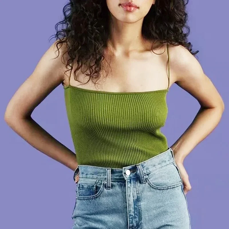 Пикантные летние майки Для женщин укороченный топ рубашка без рукавов Sexy Тонкий Леди Bralette топы ремень тощий жилет камзол - Цвет: Зеленый