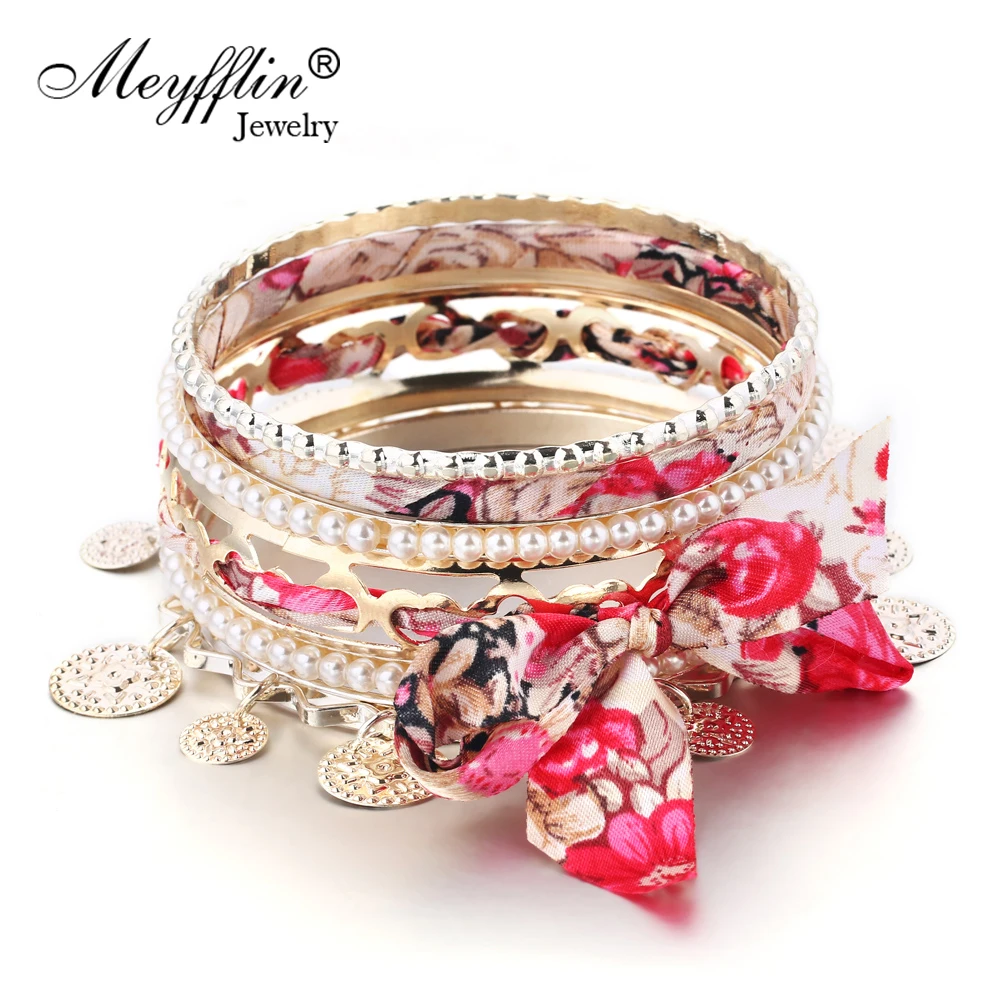 

2019 Bohemian Multilayer Bracelet Femme Coin Fabric Bow Bracelets Bangles sets for Women Simulated Pearl Pulseras mujer Bijoux