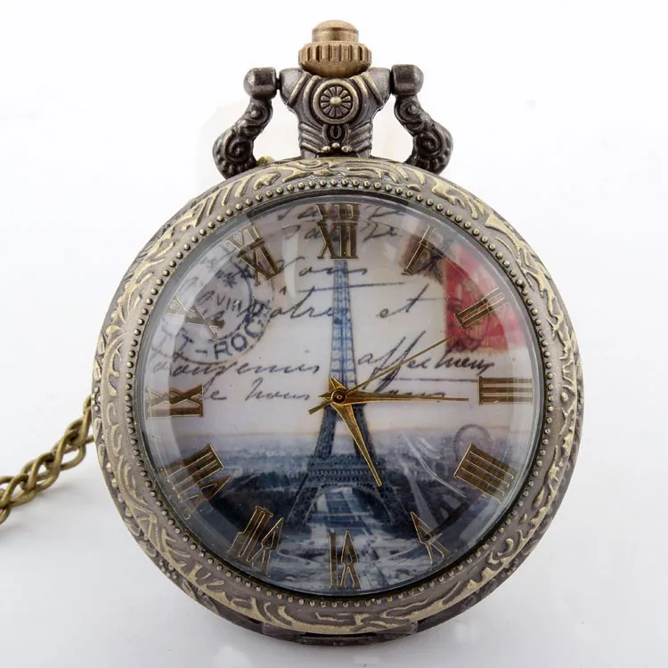 Уникальный Бронзовый Эйфелева башня Рим номера кварцевые карманные часы Цепочки и ожерелья 556 подвеска P190