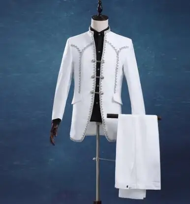 

2019 new arrival white palace slim singer lace men groom suit set with pants mens wedding suits formal dress stage suit + pant