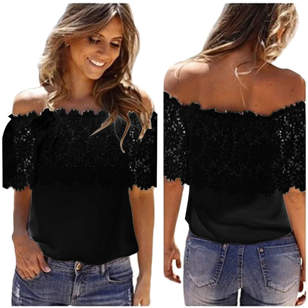

Feitong Sexy Women Off Shoulder Casual Tops Lace Crochet Chiffon Shirt Chiffon Sleeveless New Tee Femme Plus Size