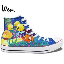 Вэнь мужская женская обувь с ручной росписью дизайн пользовательские морские создания Коралловая рыба-клоун Немо высокие парусиновые кроссовки для мальчиков и девочек