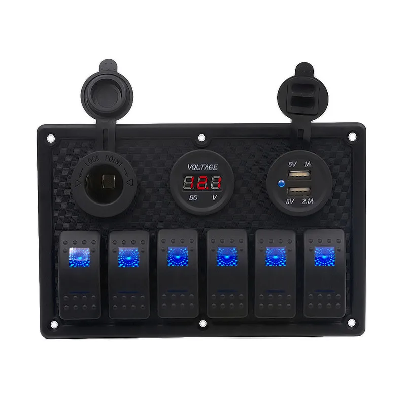 

4 in1 Car Charger Motorcycle Plug Dual USB Adaptor+12V/24V Cigarette Lighter Socket+LED 6 Gang Boat Rocker Switches+ Volt Meter