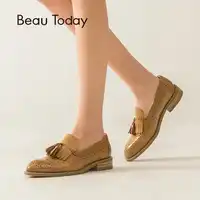 BeauToday Calfskin Loafers Women Brogue Fringes Pointed Toe Slip On Genuine Leather Ladies Flat Heel Shoes Handmade 27115