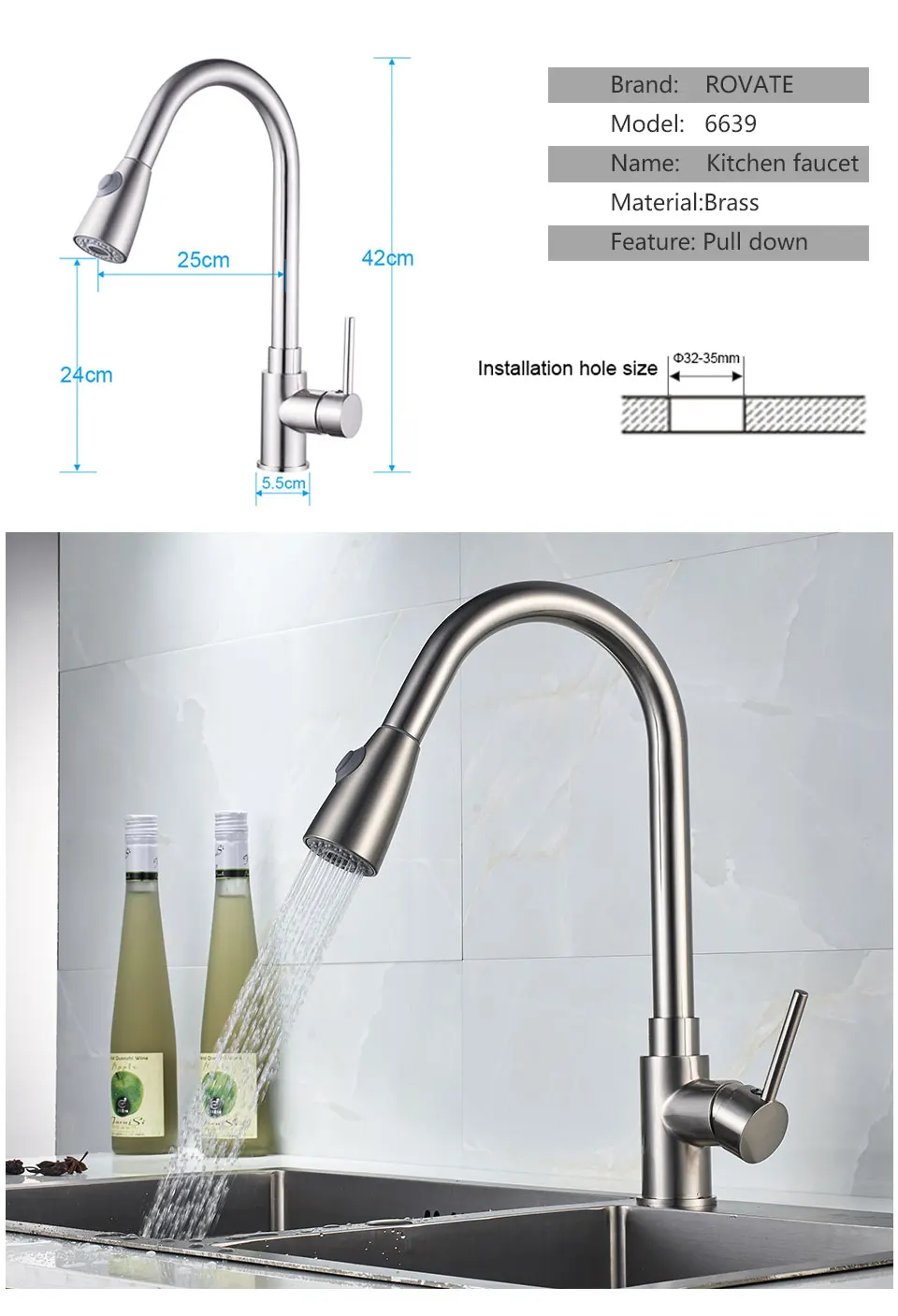 ROVATE Kitchen Faucet Pull Down Nickel Sink Faucet Spray Cold and Hot Sink Mixer Tap
