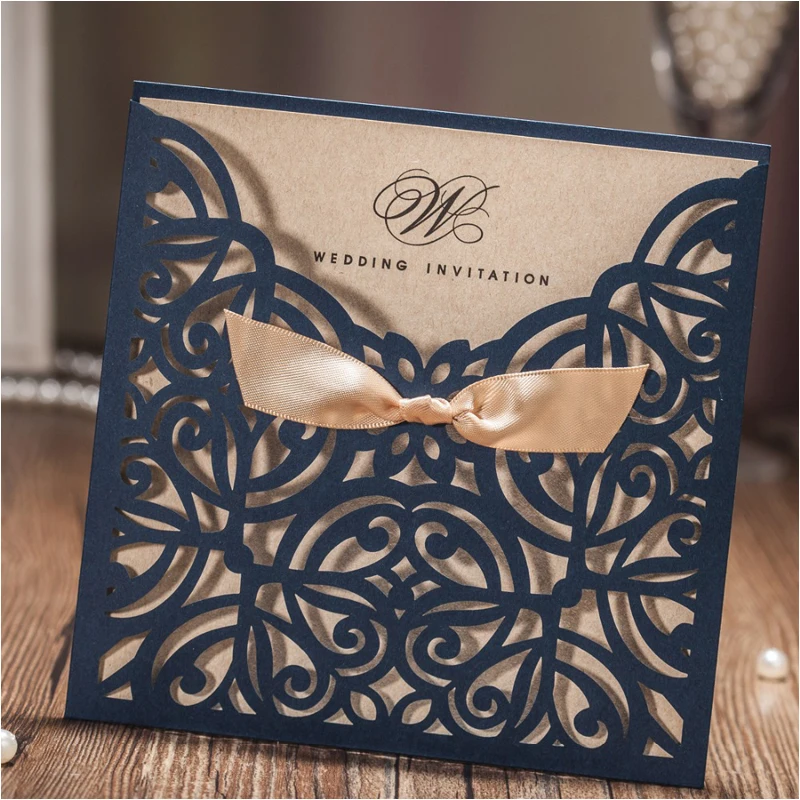 Floral tri-fold wedding invitation 50/set Many Color Tri Fold Pocket Wedding Invitation Card 2019 Shimmy Navy