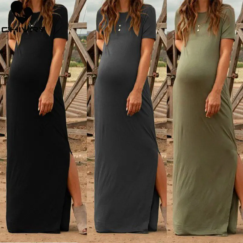 

Chivry Maternity Dress Women Fashion Pure Color Short Sleeve Pregnancy Casual Splits Long Maxi Maternity Dresses Vertidos