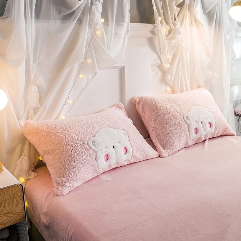 Розовый Медведь Кролик мультфильм зима толстый флис ткань постельное белье пододеяльник простыня наволочки Рождественский подарок