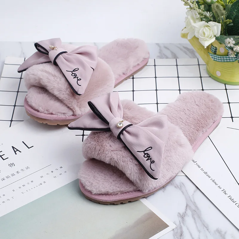 

pantoufle femme brand big bow home slippers women fur sandals winter flip flops bowtie plush pantufa fur slides shoes s166