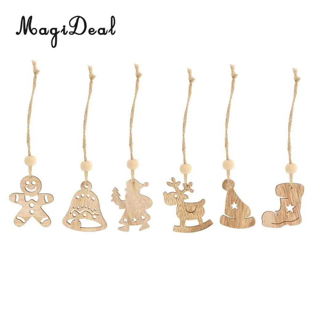 MagiDeal Excellent 6Pcs/Lot Differ Shape Wooden Christmas Tree Home Party Decorations for Xmas Hanging Ornaments Craft Projects