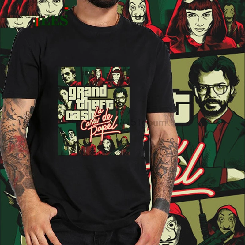 

Camiseta Grand Theft Cash GTA game Funny La Casa De Papel T shirt men Money Heist Bella Ciao T-Shirt homme House of Paper Tshirt