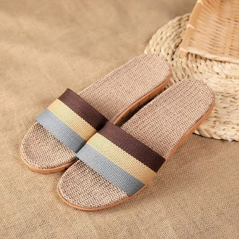 Aphixta Women Slippers Men Flax Indoor Slids Flat Heel Summer Bedroom Slippers Gingham Flax Home Female Male Fashion Shoes W