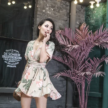 

2018 Summer Stylish Multi Way Wearing Dress Designed Floral Printed Halter Type Cross Backless Adjustable Waist Dress