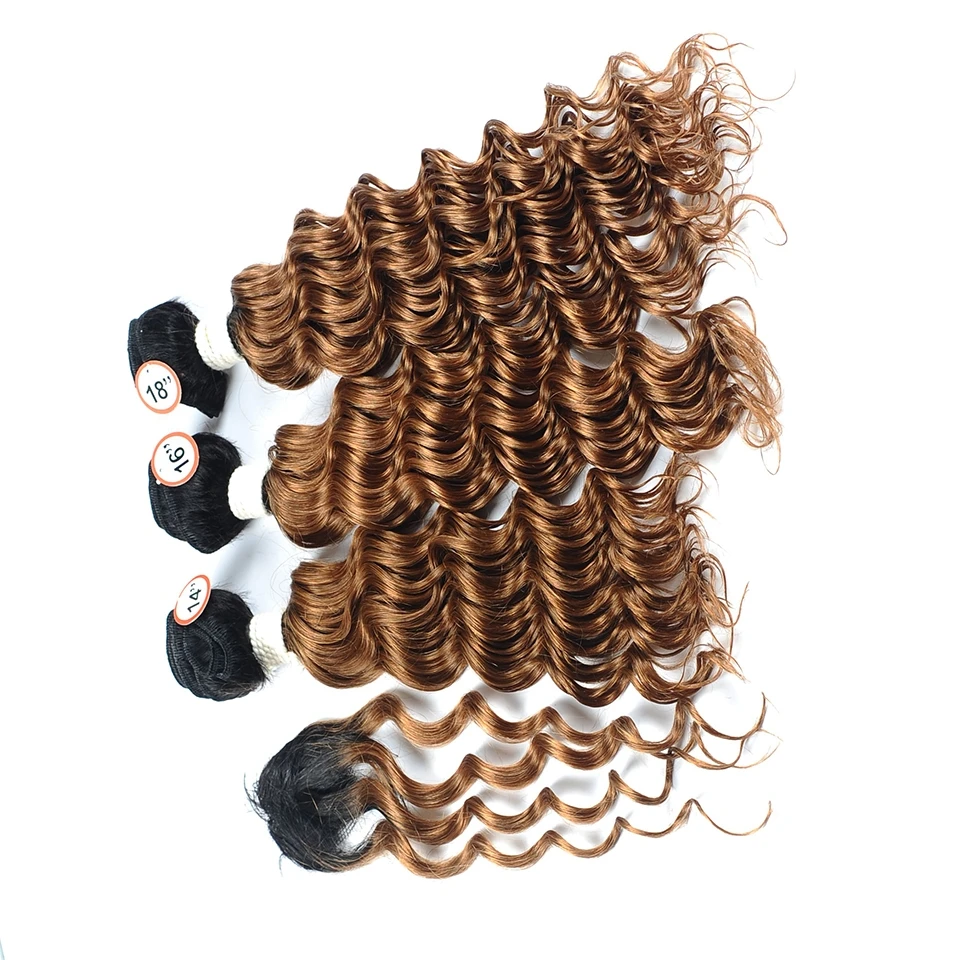Pinshair глубокая волна Малазийские Волосы 3 пучка с закрытием Ombre 1B 30 коричневые