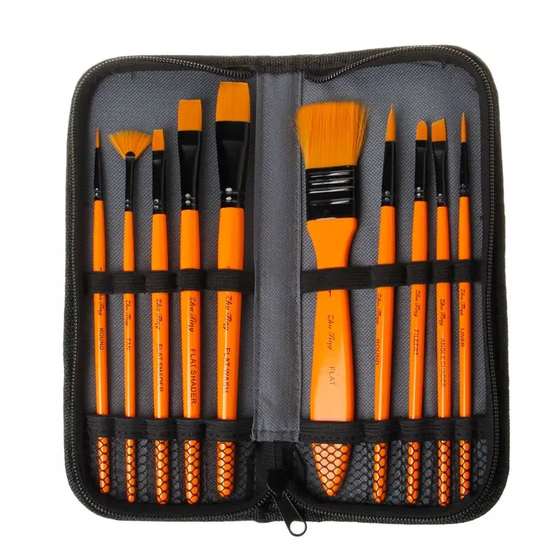 

10Pcs/Set Paint Brushes Kit With Yellow Wooden Handle Nylon Hair For Acrylic Oil Watercolor Drawing Supply