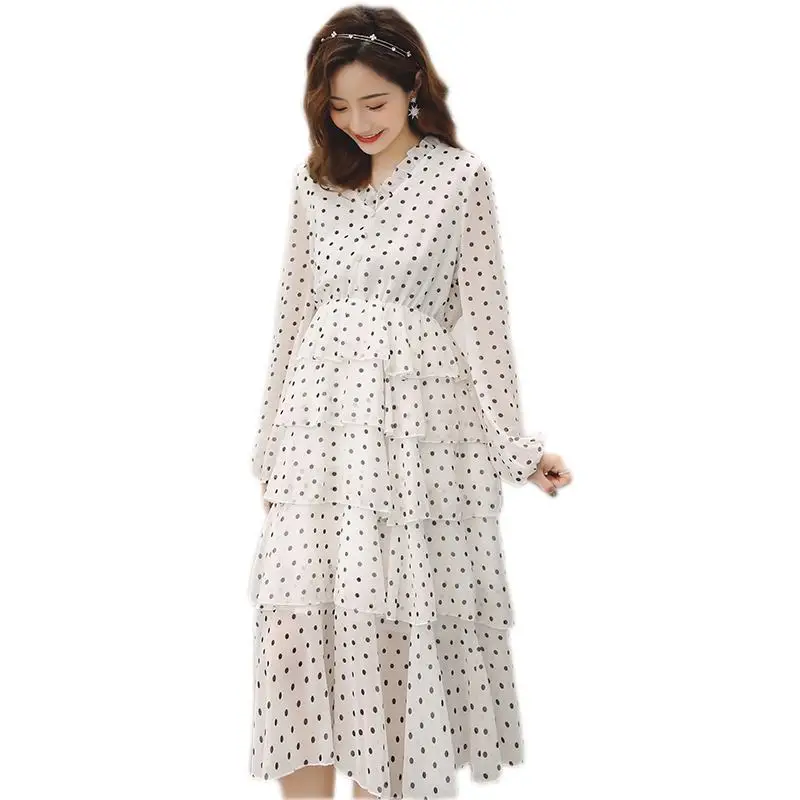 

2019 Spring Autumn Pregnant Women Pleated Chiffon Dress Ruched Pregnancy Clothes Loose Polka Dot Maternity Nursing Dress Q583